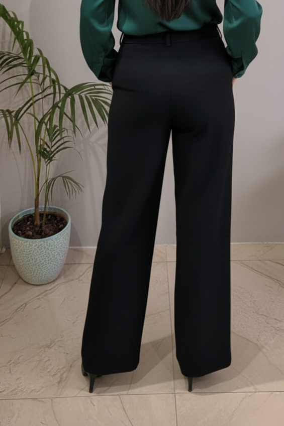 Black trouser for women with wide leg fit and high waist design. Stylish ladies black trousers, Korean style pants, loose trousers, and palazzo trousers for daily wear.