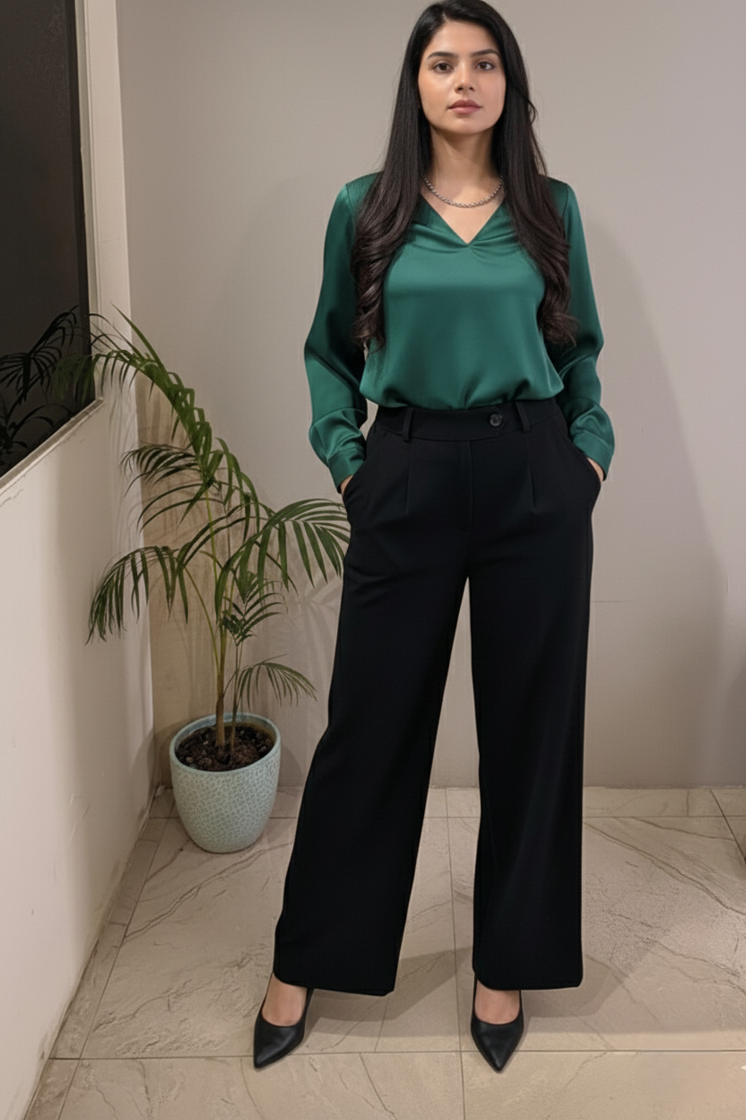 Black trouser for women with wide leg fit and high waist design. Stylish ladies black trousers, Korean style pants, loose trousers, and palazzo trousers for daily wear.