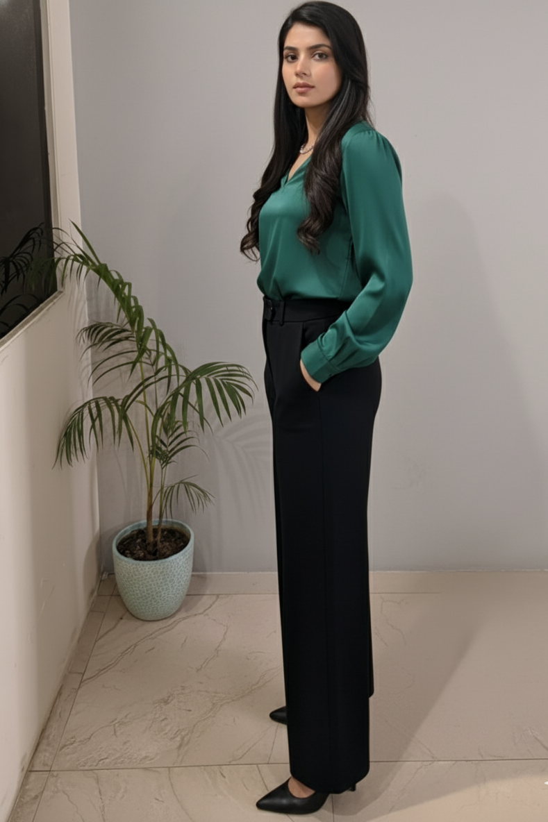 Black trouser for women with wide leg fit and high waist design. Stylish ladies black trousers, Korean style pants, loose trousers, and palazzo trousers for daily wear.