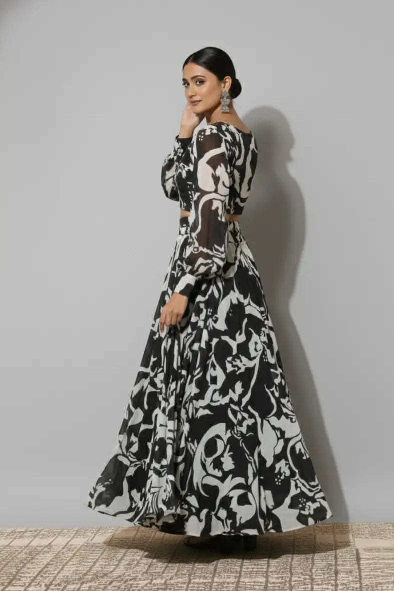 Stylish women black dress featuring an elegant black dress with a beautiful floral dress pattern. This trendy women two piece dress fits perfectly into modern women dresses, ideal as western dress, comfortable summer dresses for women, graceful maxi dresses for women, and versatile dresses for everyday wear.