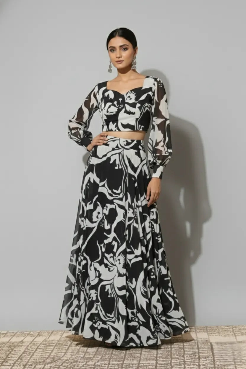 Stylish women black dress featuring an elegant black dress with a beautiful floral dress pattern. This trendy women two piece dress fits perfectly into modern women dresses, ideal as western dress, comfortable summer dresses for women, graceful maxi dresses for women, and versatile dresses for everyday wear.
