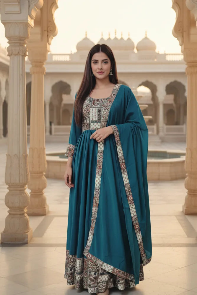 Blue Anarkali gown for women with dupatta and full sleeves. Elegant cotton gown, perfect for festive wear, designer occasions, and traditional blue dress styling.