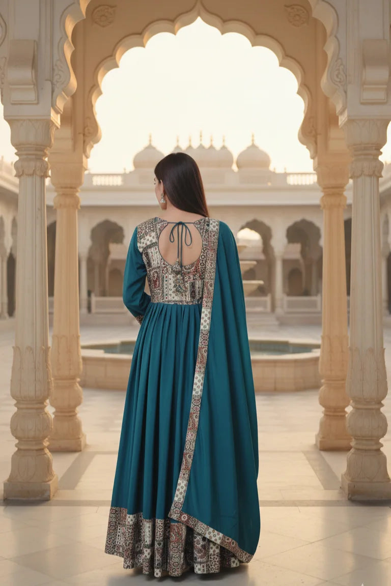 Blue Anarkali gown for women with dupatta and full sleeves. Elegant cotton gown, perfect for festive wear, designer occasions, and traditional blue dress styling.