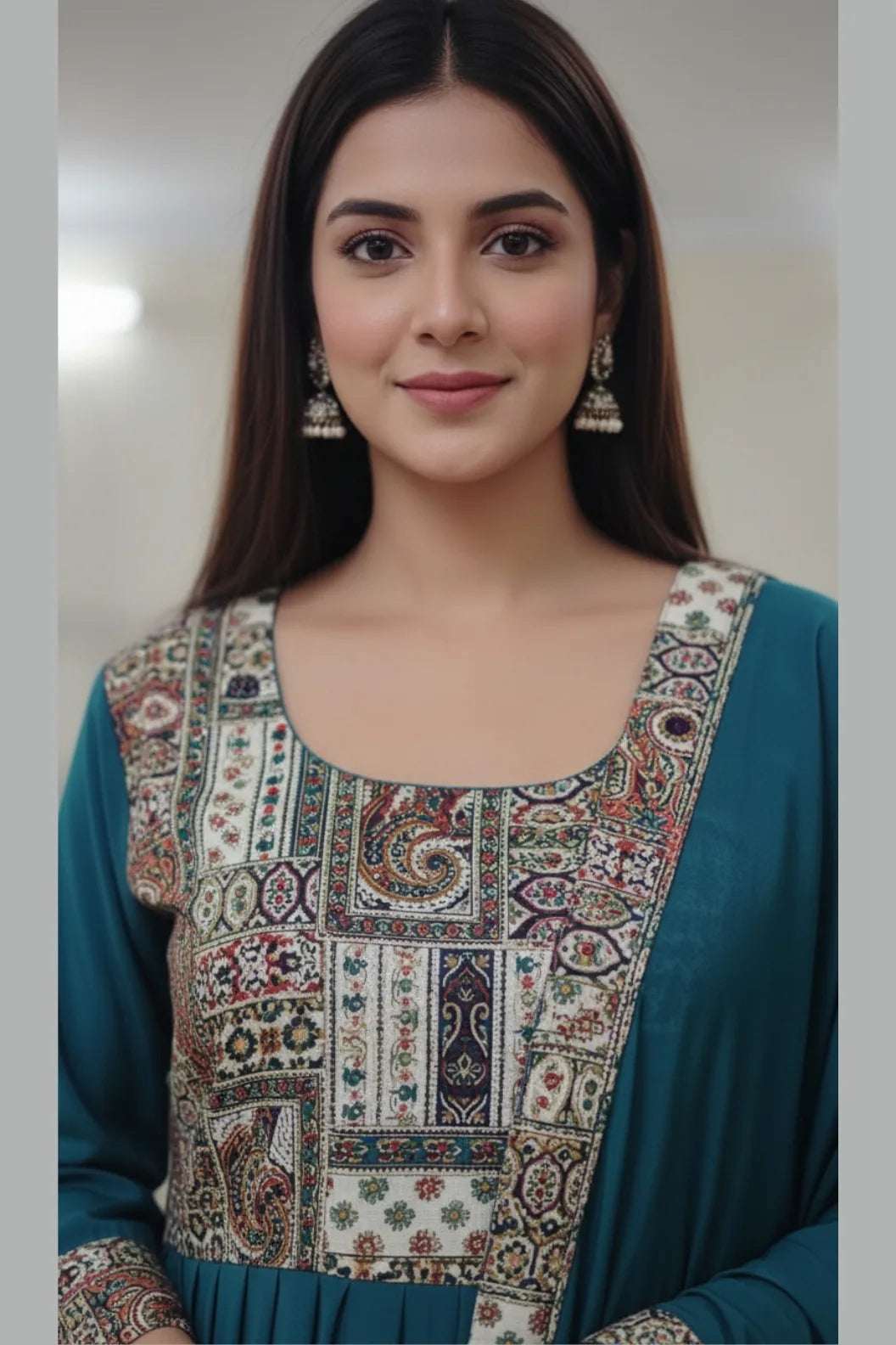 Blue Anarkali gown for women with dupatta and full sleeves. Elegant cotton gown, perfect for festive wear, designer occasions, and traditional blue dress styling.