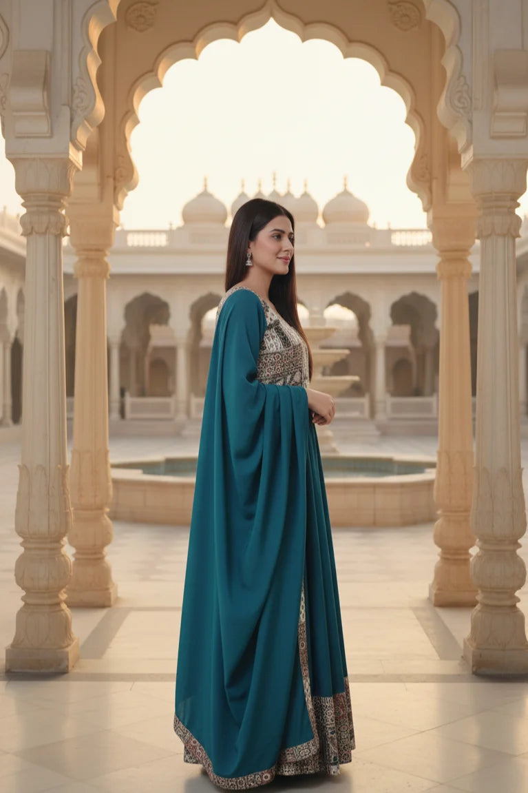 Blue Anarkali gown for women with dupatta and full sleeves. Elegant cotton gown, perfect for festive wear, designer occasions, and traditional blue dress styling.