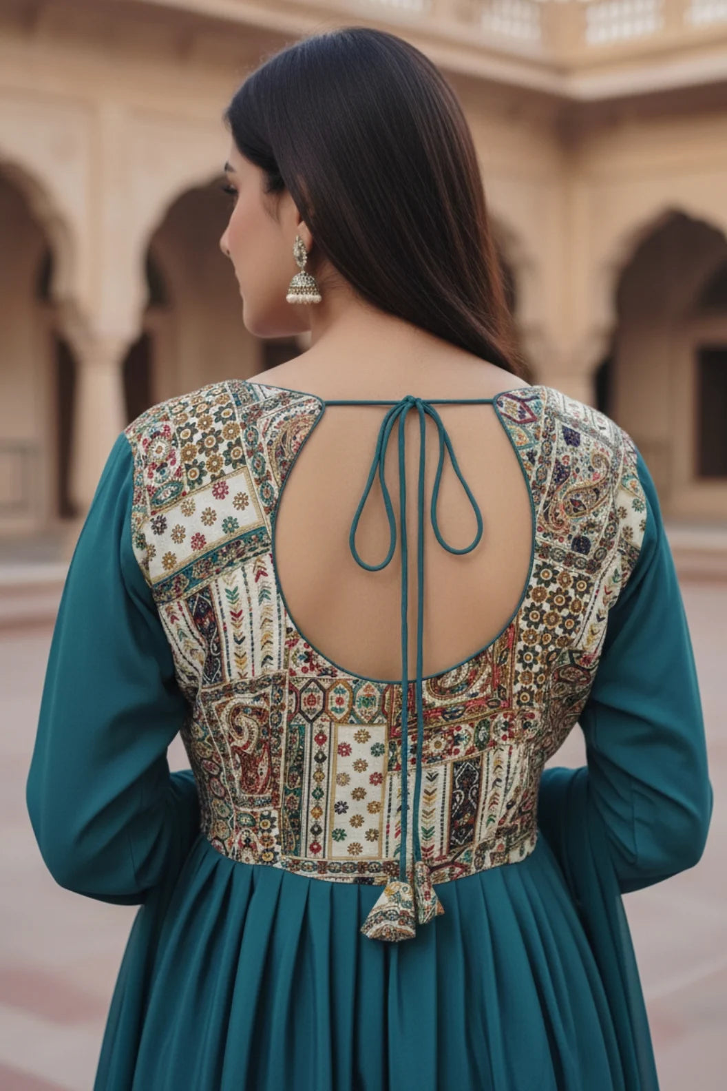 Blue Anarkali gown for women with dupatta and full sleeves. Elegant cotton gown, perfect for festive wear, designer occasions, and traditional blue dress styling.