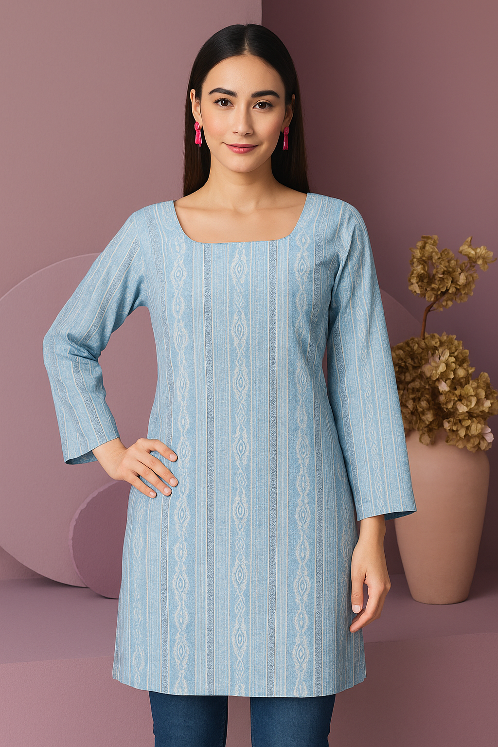 This chic blue striped kurti for women features a comfortable square neckline and unique horizontal stripes. A perfect casual kurti for women for daily wear or pairing with jeans.