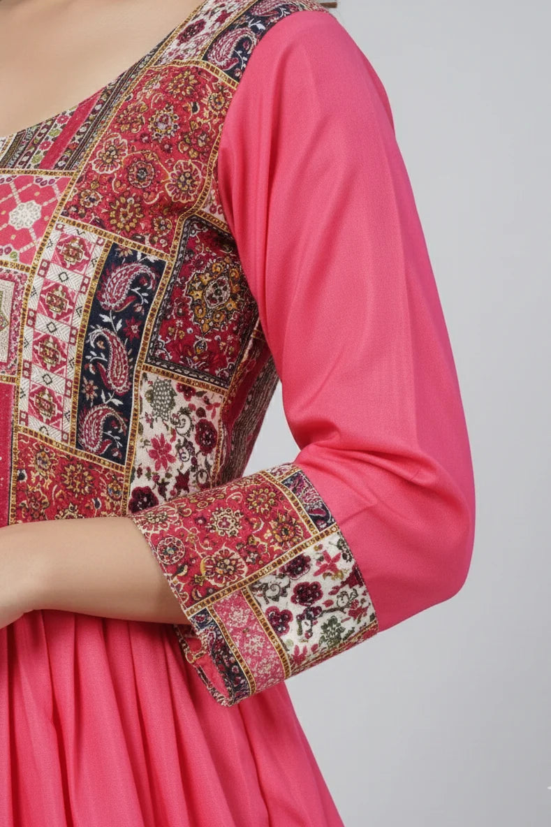 Cotton Anarkali gown for women with dupatta and full sleeves. Elegant designer gown, perfect for festive wear, parties, and traditional occasions.