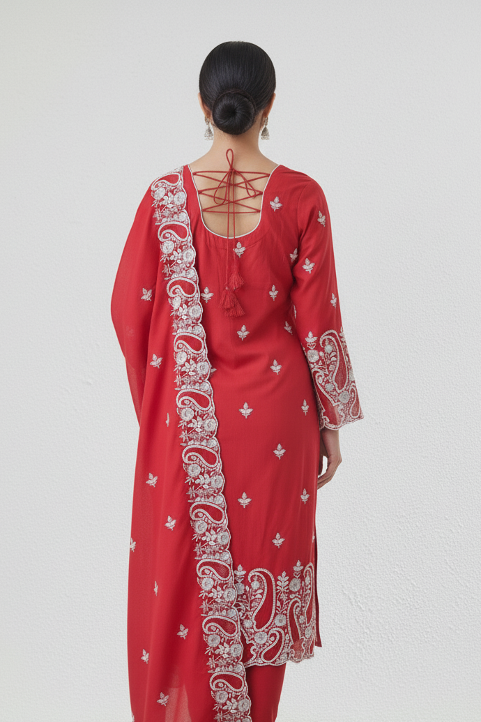 This elegant Cotton Suit Set with Matching Dupatta is a wardrobe staple. A stunning Red Cotton Suit Set for Women perfect for office wear or festive gatherings.