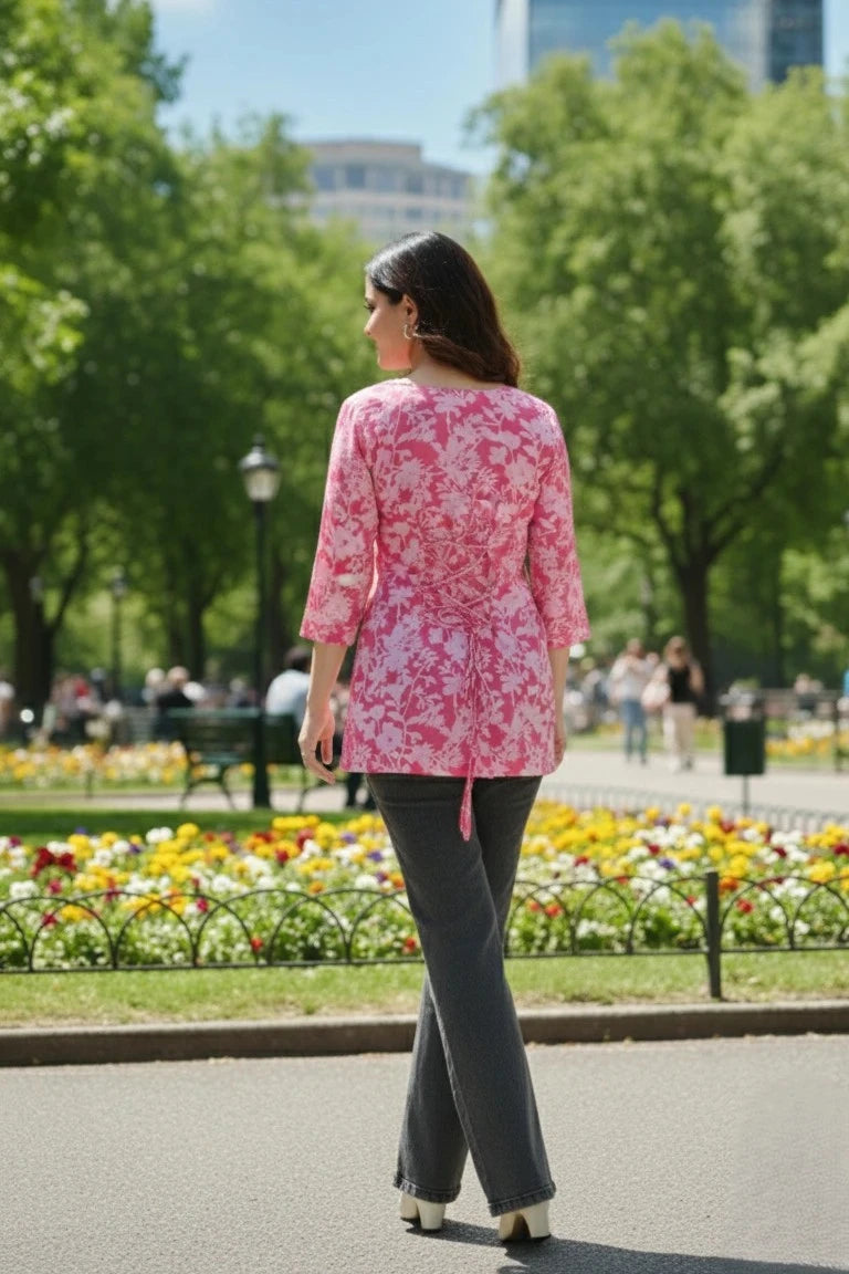 Cotton short kurti for women, beautiful pink cotton kurti, short kurti with back dori, perfect short kurti for jeans