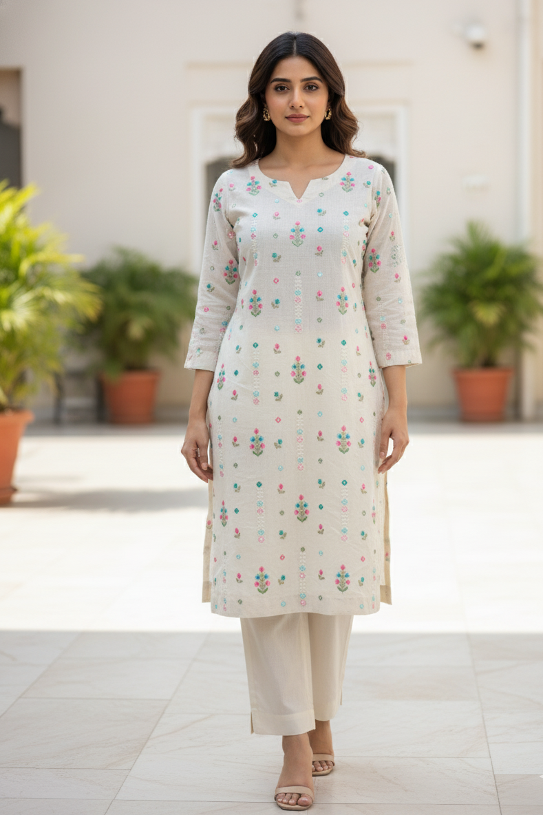 Cream cotton kurta palazzo set for women with printed design and soft fabric. Perfect cotton kurta for women, short kurti style, and comfortable daily wear outfit.