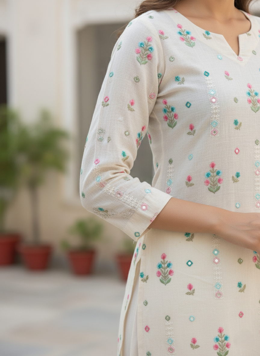 Cream cotton kurta palazzo set for women with printed design and soft fabric. Perfect cotton kurta for women, short kurti style, and comfortable daily wear outfit.