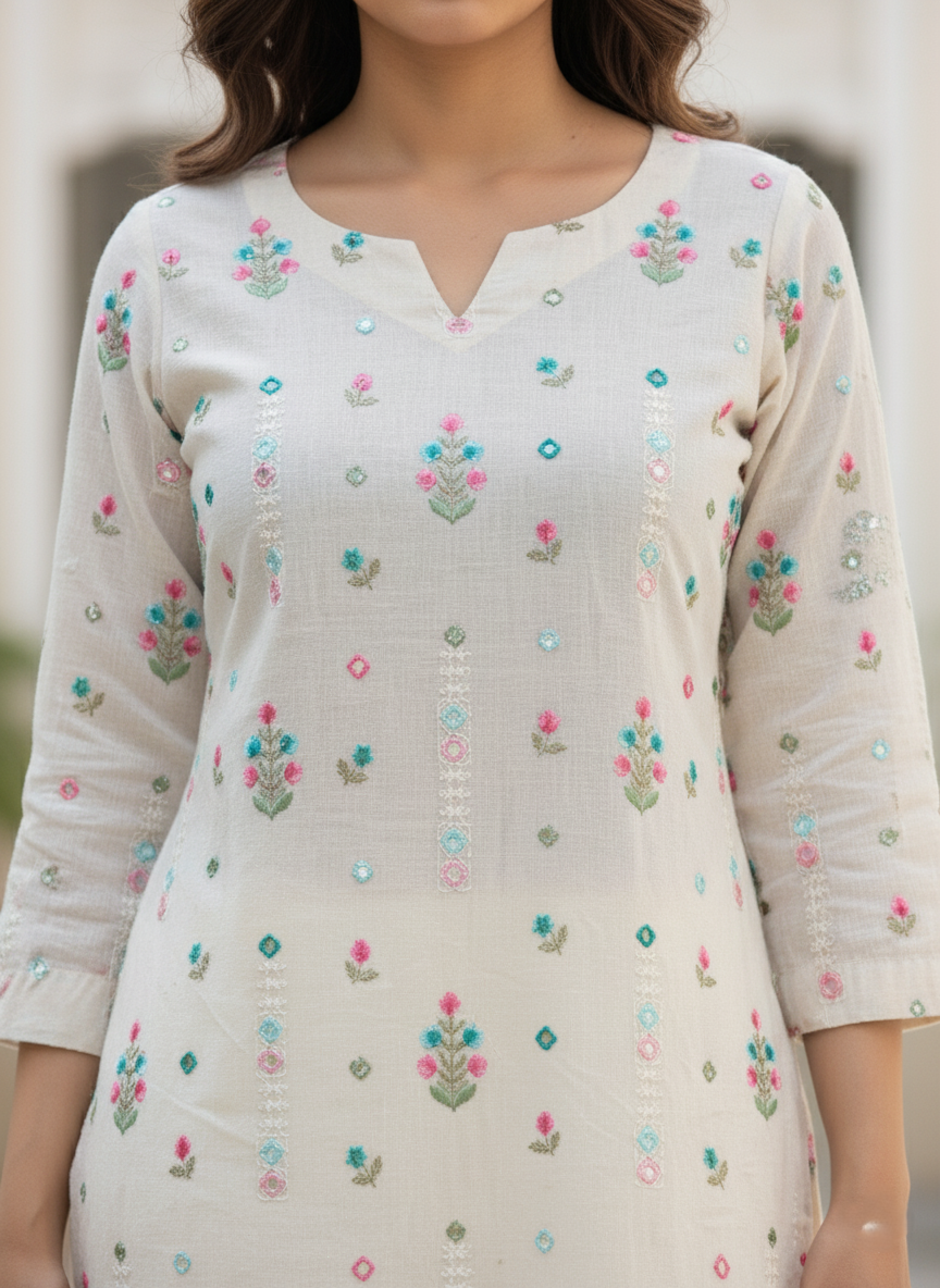 Cream cotton kurta palazzo set for women with printed design and soft fabric. Perfect cotton kurta for women, short kurti style, and comfortable daily wear outfit.