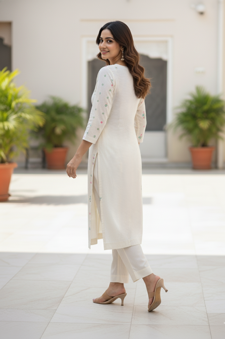 Cream cotton kurta palazzo set for women with printed design and soft fabric. Perfect cotton kurta for women, short kurti style, and comfortable daily wear outfit.