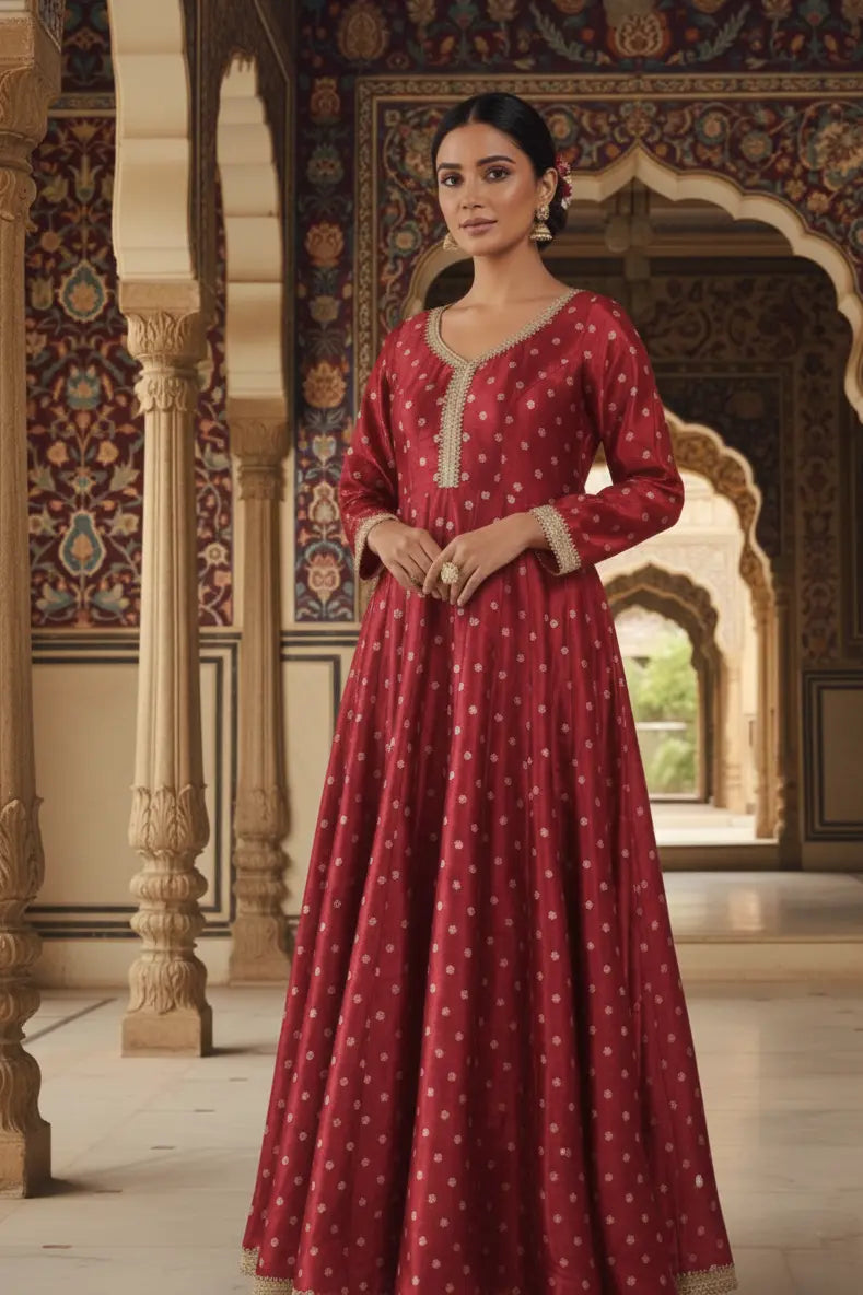 Dark green silk blend Anarkali gown for women with full sleeves and elegant design. Perfect Anarkali dress, green gown, party wear gown, and festive outfit.
