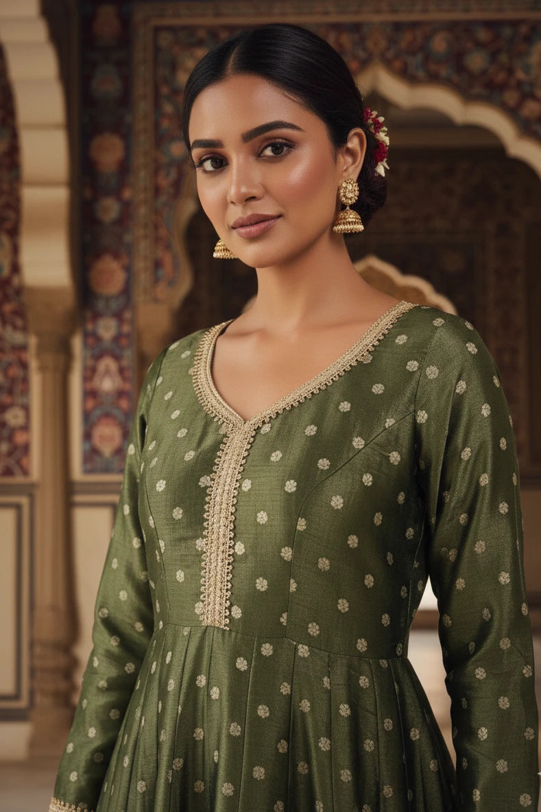 Dark green silk blend Anarkali gown for women with full sleeves and elegant design. Perfect Anarkali dress, green gown, party wear gown, and festive outfit.