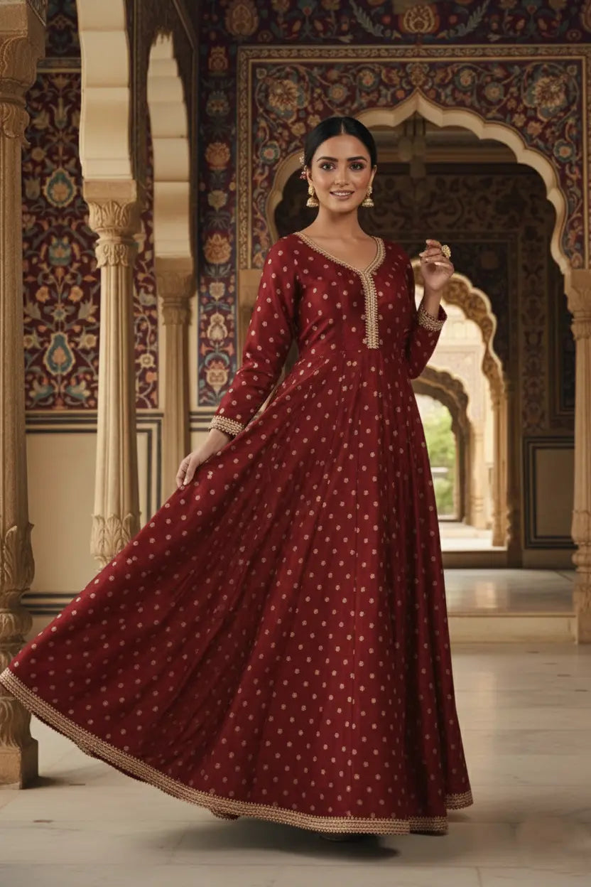 Dark green silk blend Anarkali gown for women with full sleeves and elegant design. Perfect Anarkali dress, green gown, party wear gown, and festive outfit.
