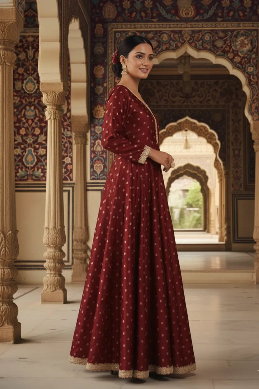 Dark green silk blend Anarkali gown for women with full sleeves and elegant design. Perfect Anarkali dress, green gown, party wear gown, and festive outfit.