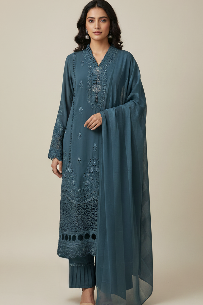 This stunning blue suit is a masterclass in style. An embroidered suit that offers a premium look for any suit set for women collection.