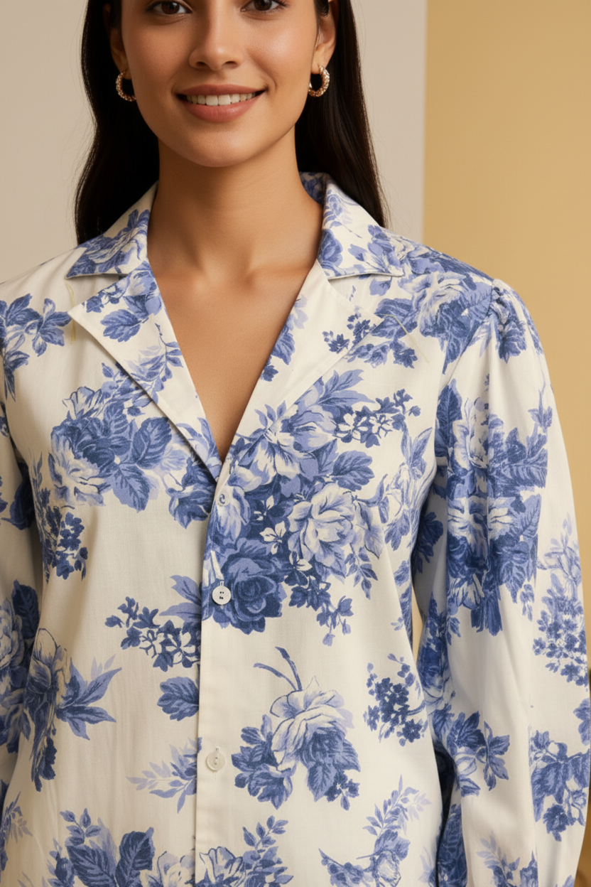 A stunning shirt for women featuring delicate floral details and puff sleeves. These breathable cotton shirts for women are perfect for a sophisticated look among your favorite women's shirts.