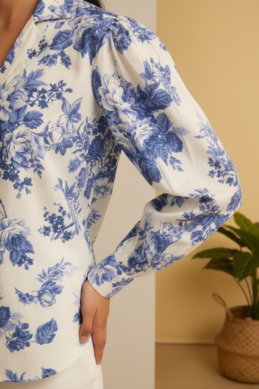 A stunning shirt for women featuring delicate floral details and puff sleeves. These breathable cotton shirts for women are perfect for a sophisticated look among your favorite women's shirts.