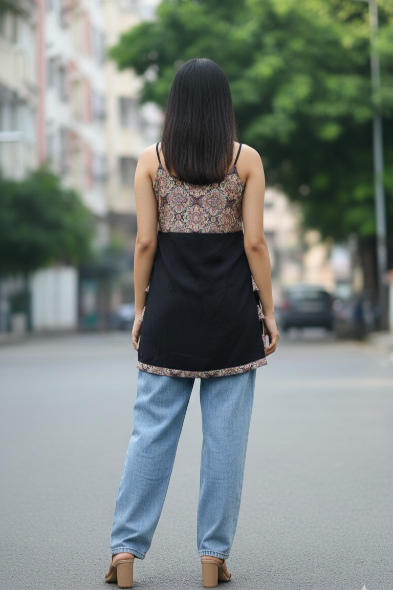 Floral sleeveless Nyra cut short kurti for women in soft cotton fabric. Stylish black cotton kurti, trending short kurta for women, perfect for daily and summer wear.
