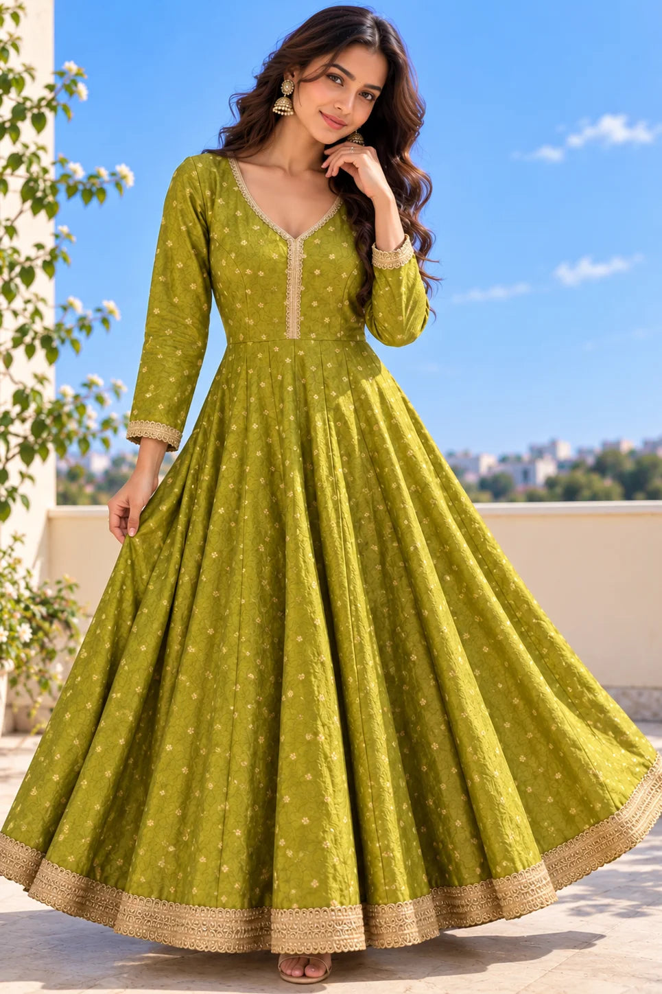 Green Silk Anarkali for Women | Embroidered Anarkali Dress with Gold Lace