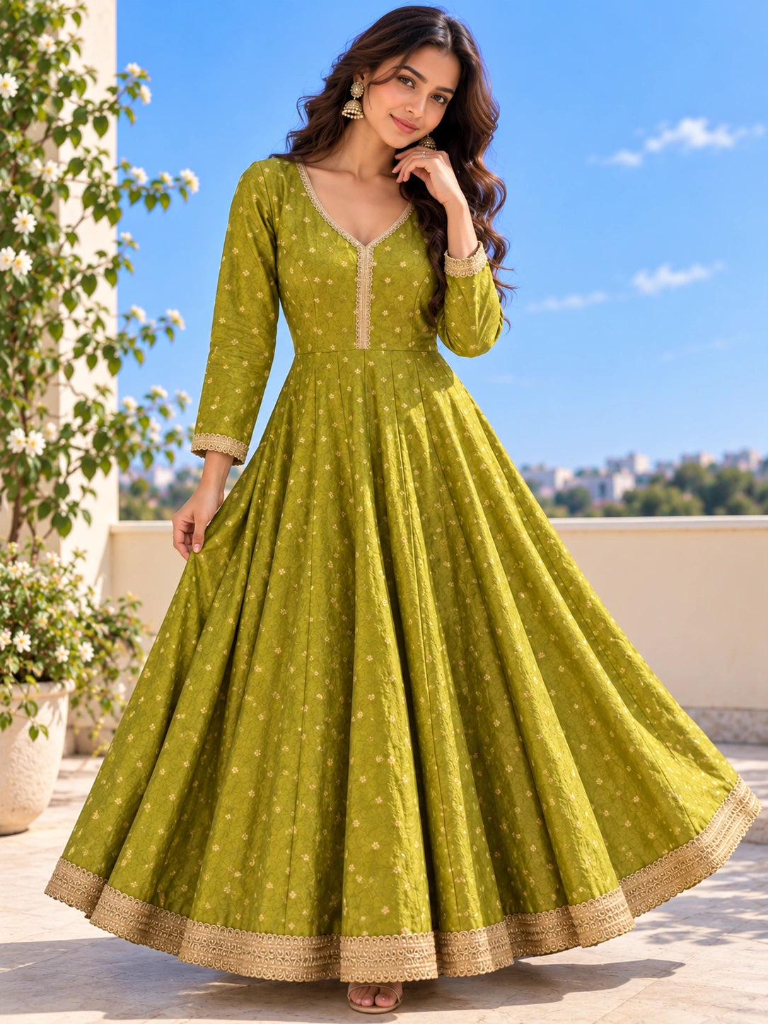 Green Silk Anarkali for Women | Embroidered Anarkali Dress with Gold Lace