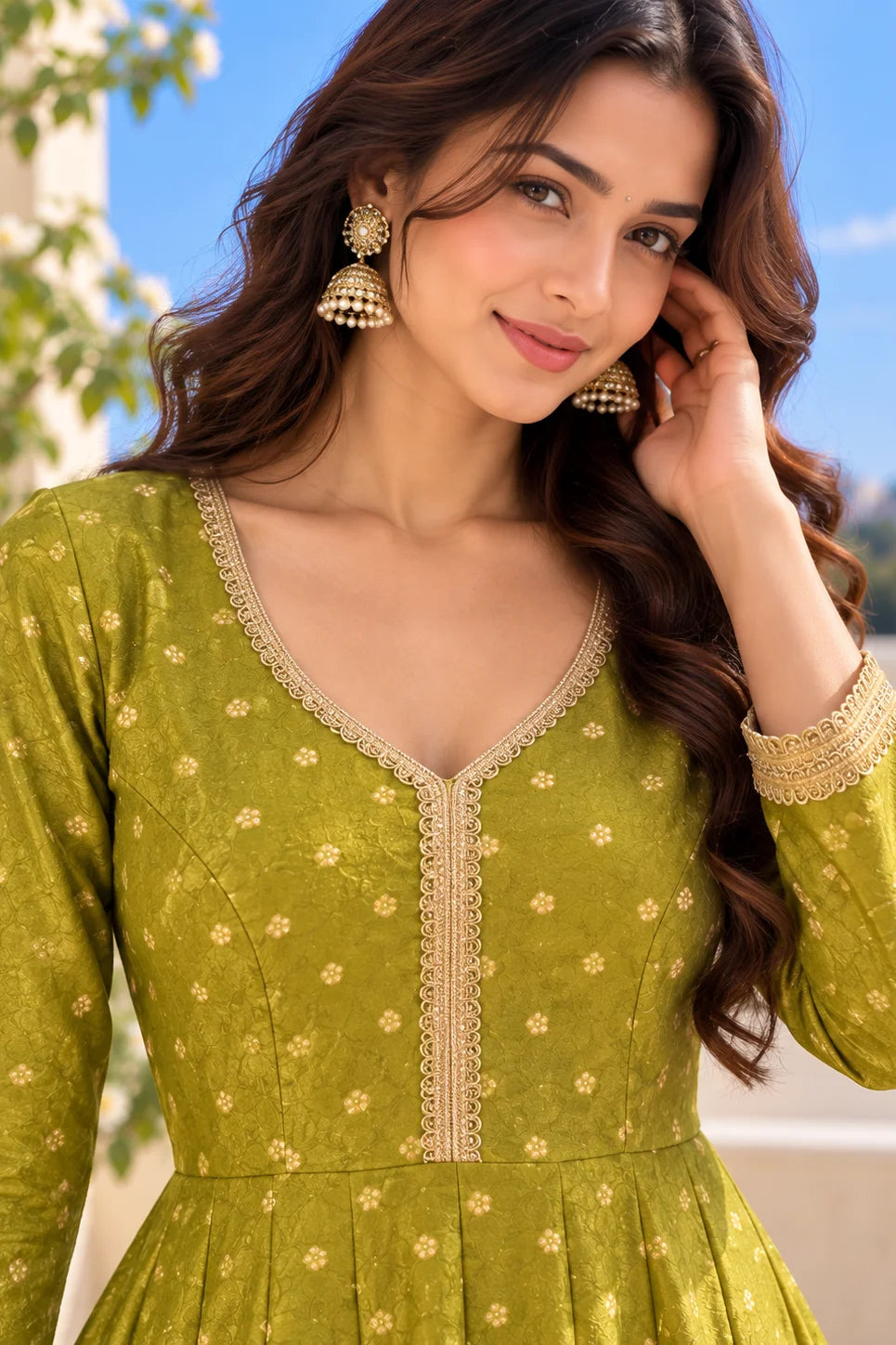 Green Silk Anarkali for Women | Embroidered Anarkali Dress with Gold Lace