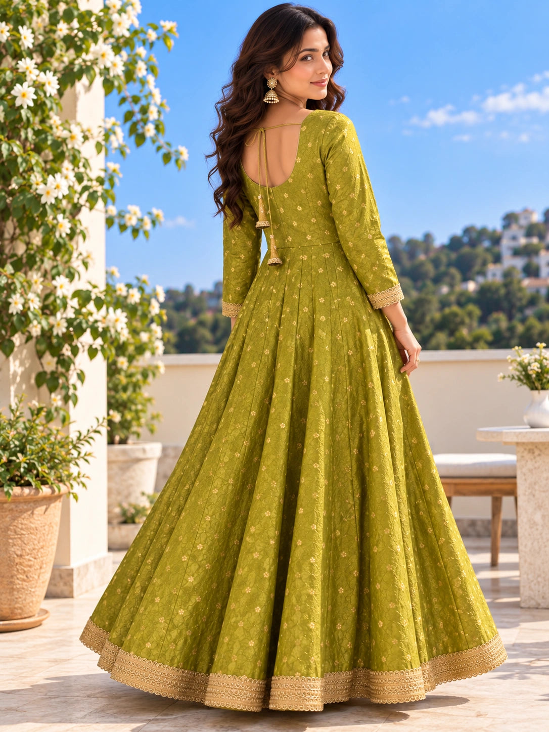 Green Silk Anarkali for Women | Embroidered Anarkali Dress with Gold Lace