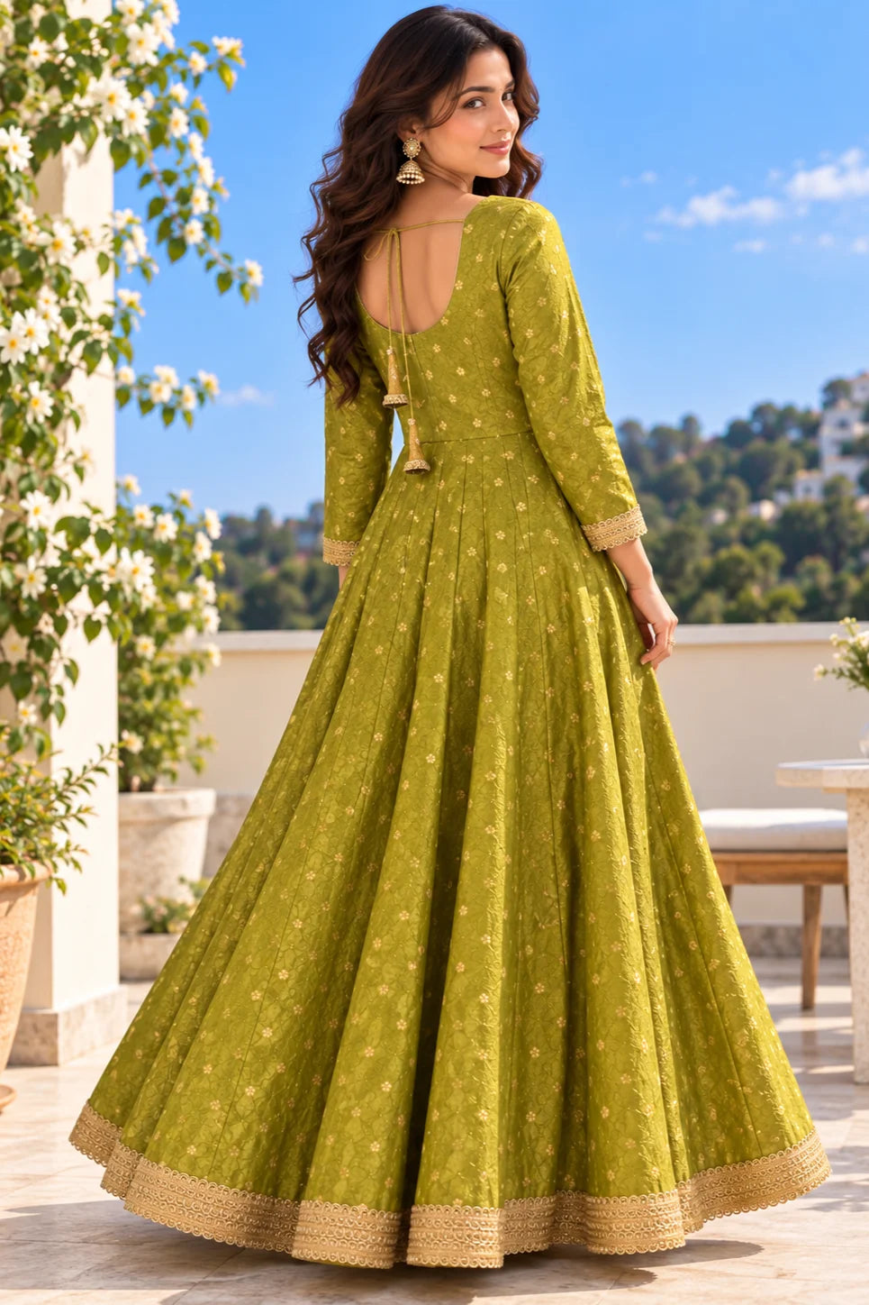 Green Silk Anarkali for Women | Embroidered Anarkali Dress with Gold Lace