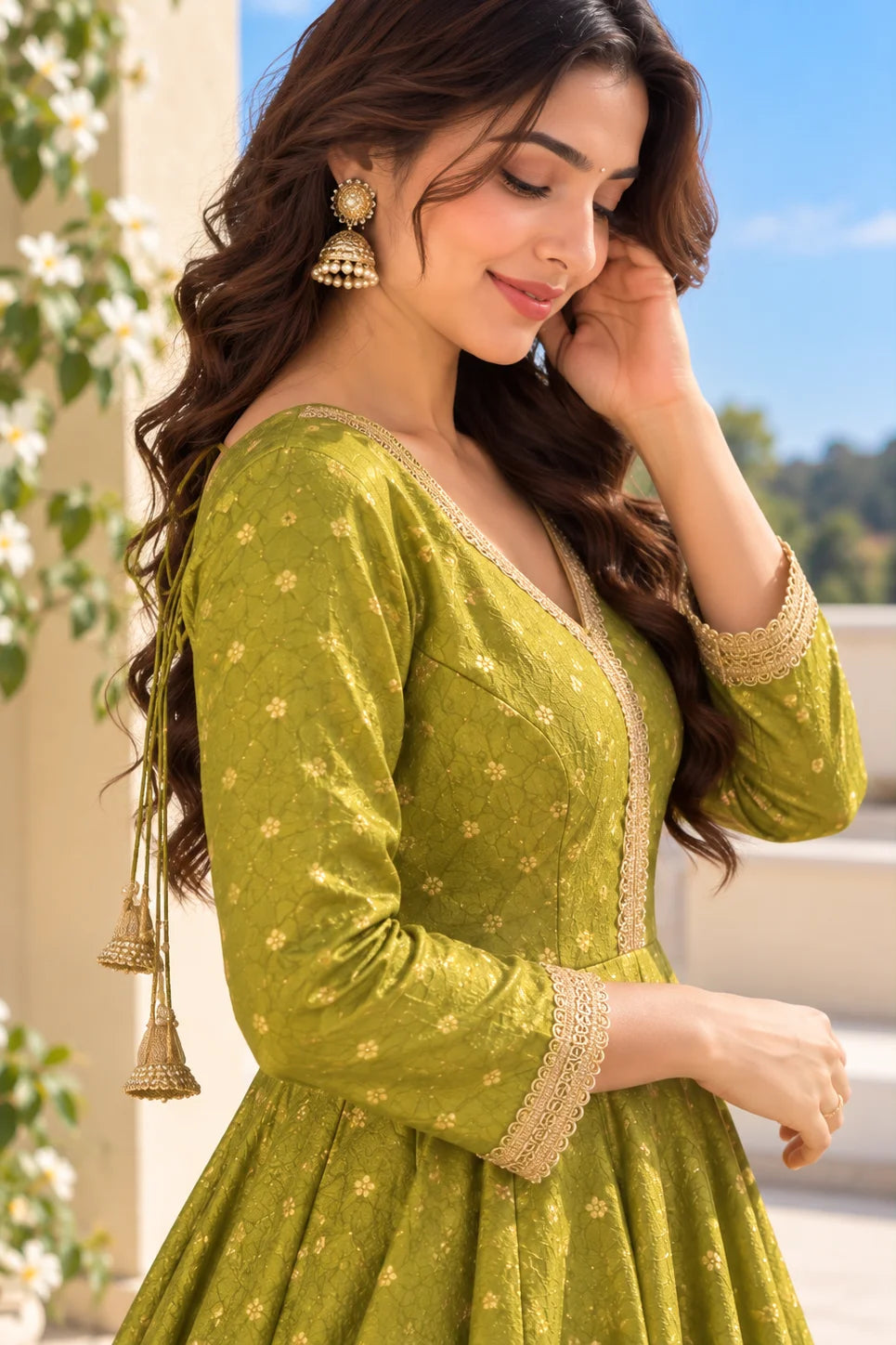 Green Silk Anarkali for Women | Embroidered Anarkali Dress with Gold Lace