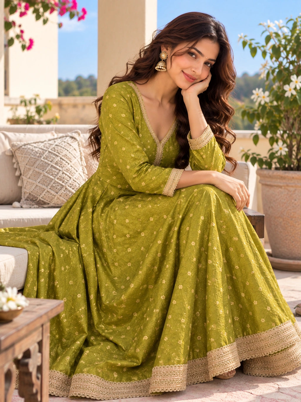 Green Silk Anarkali for Women | Embroidered Anarkali Dress with Gold Lace