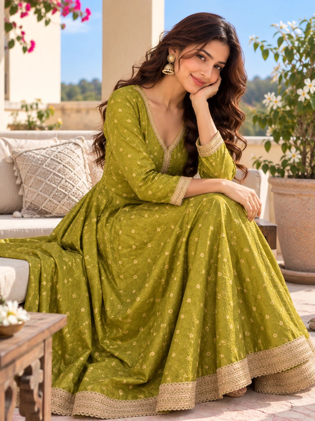 Green Silk Anarkali for Women | Embroidered Anarkali Dress with Gold Lace