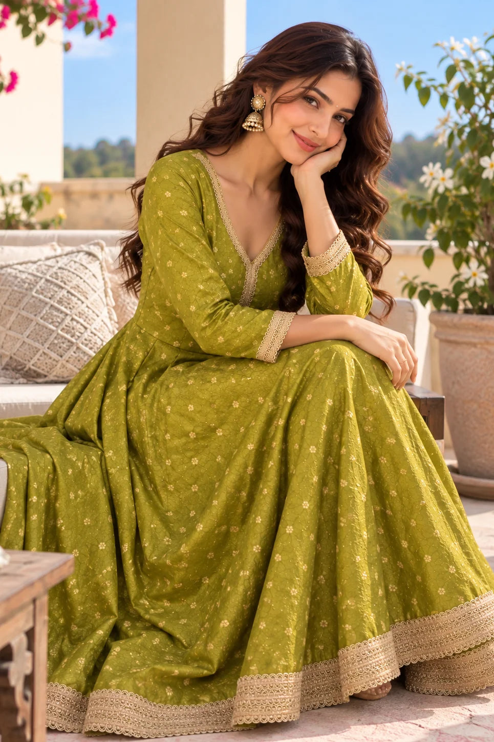 Green Silk Anarkali for Women | Embroidered Anarkali Dress with Gold Lace
