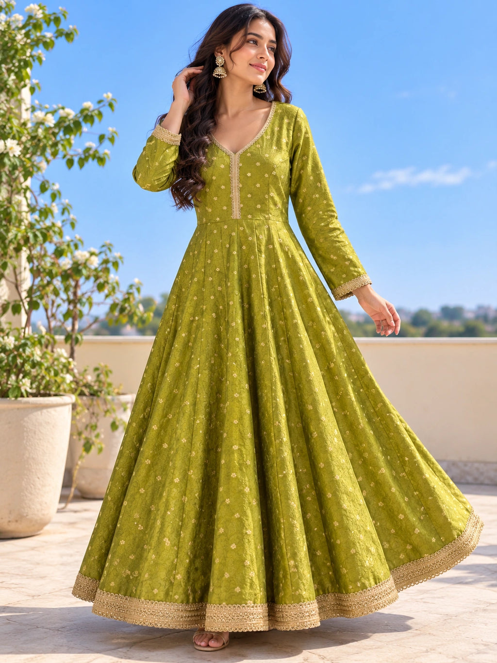 Green Silk Anarkali for Women | Embroidered Anarkali Dress with Gold Lace