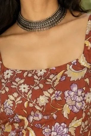 Brown Floral Sleeveless Short Kurti for Women