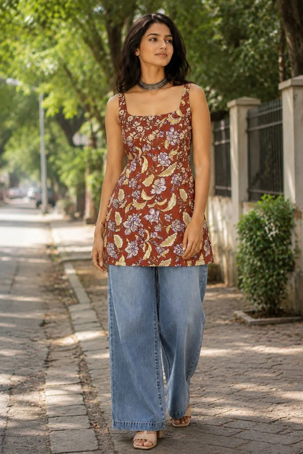 Brown Floral Sleeveless Short Kurti for Women