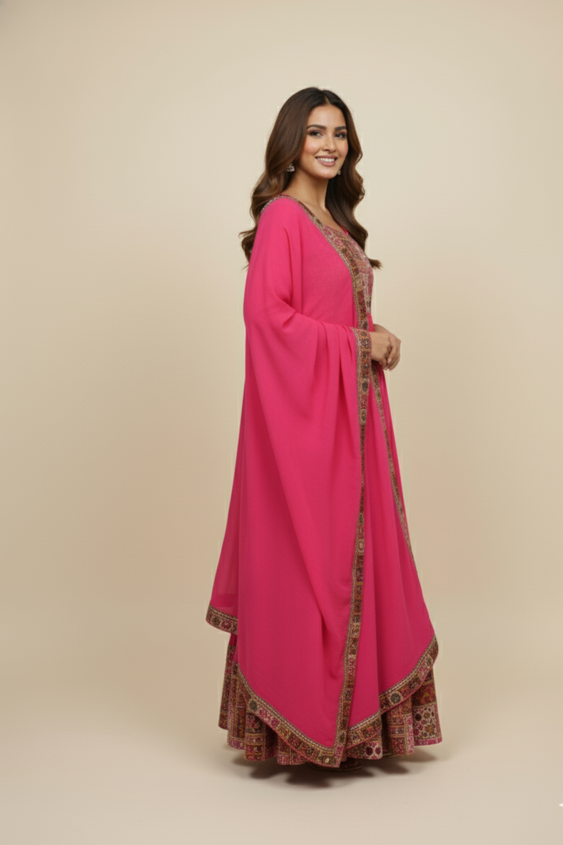 Women's Pink  Anarkali Gown with Border Detailing  Design | Festive Wear | Wedding Wear | Party Wear