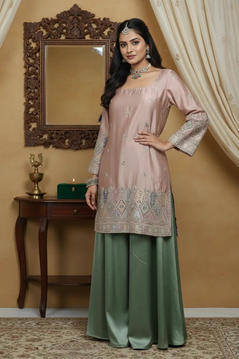 Elegant women silk kurta palazzo set designed as premium ethnic wear, featuring stylish kurtis for women with a comfortable salwar suit for women look. This graceful ethnic dress blends the charm of ethnic dresses for women, inspired by lehengas for women, styled as a kurti pant set with dupatta, perfect for festive and party occasions.