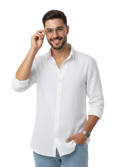 Men's White Linen Spread Collar Shirt