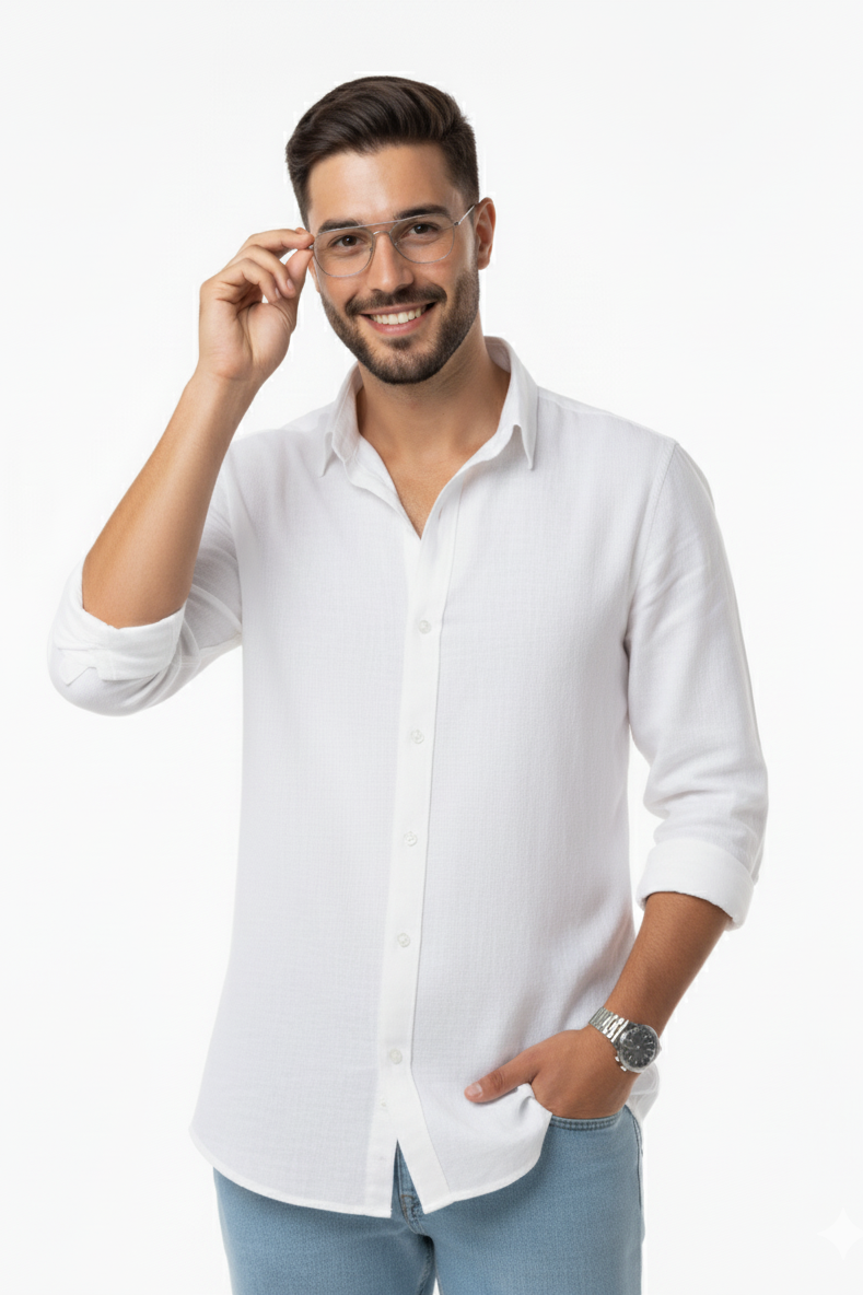 Men's White Linen Spread Collar Shirt