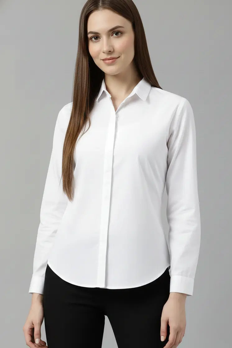 Women’s White Cotton Solid Slim Fit Shirt with Concealed Placket
