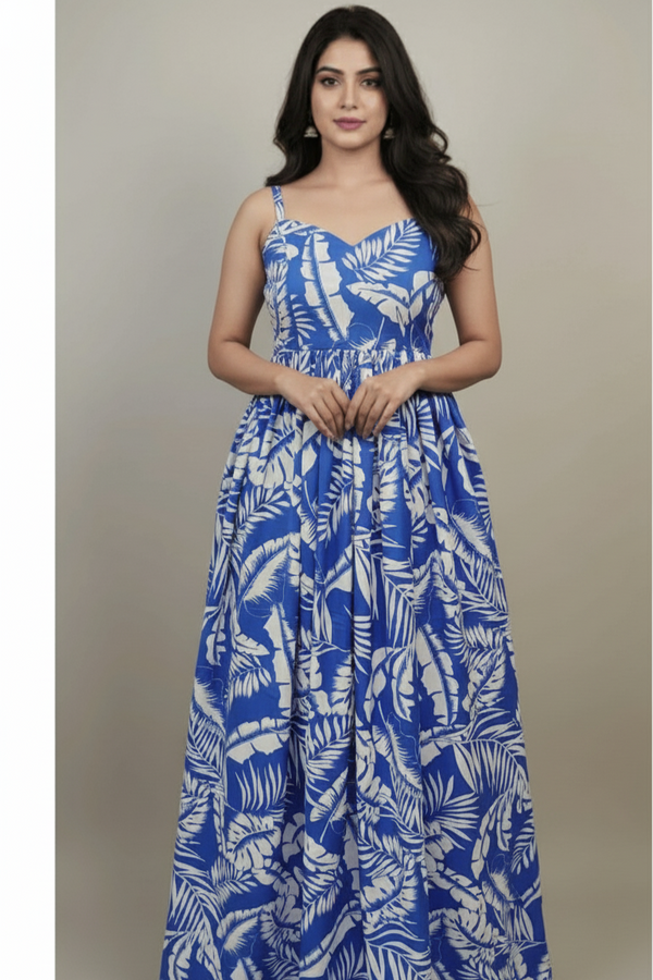 Blue Floral Fit & Flare Dress for Women – Sweetheart Neck Tiered