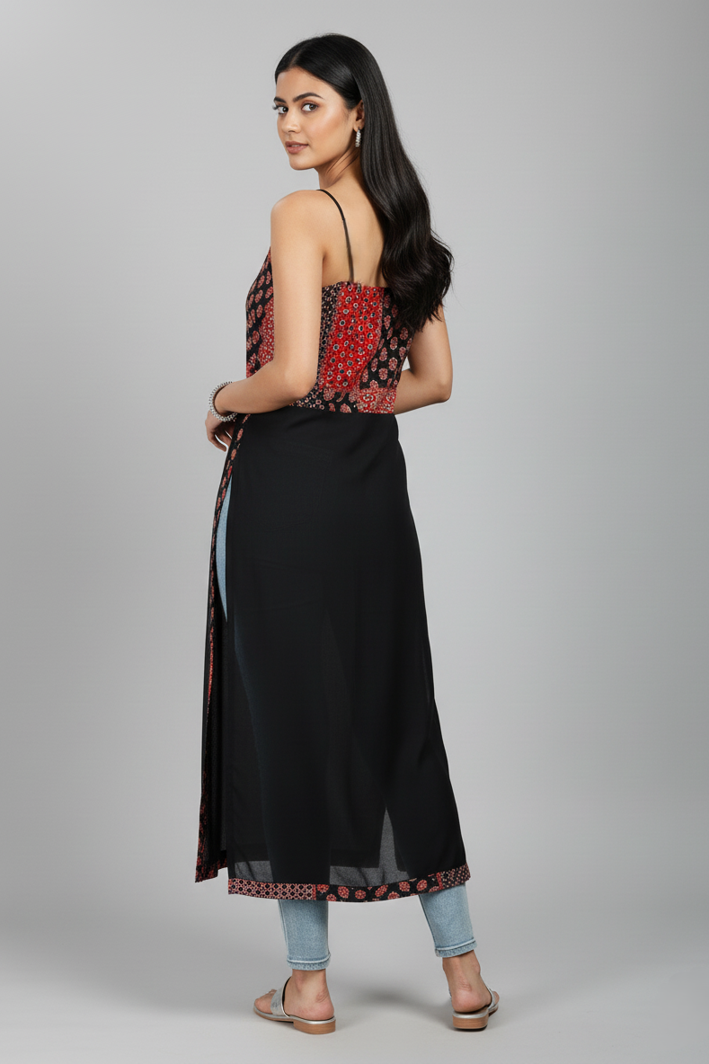 Women's Jaipuri Nyra Cut Black & Red Printed Sleeveless Long Kurti