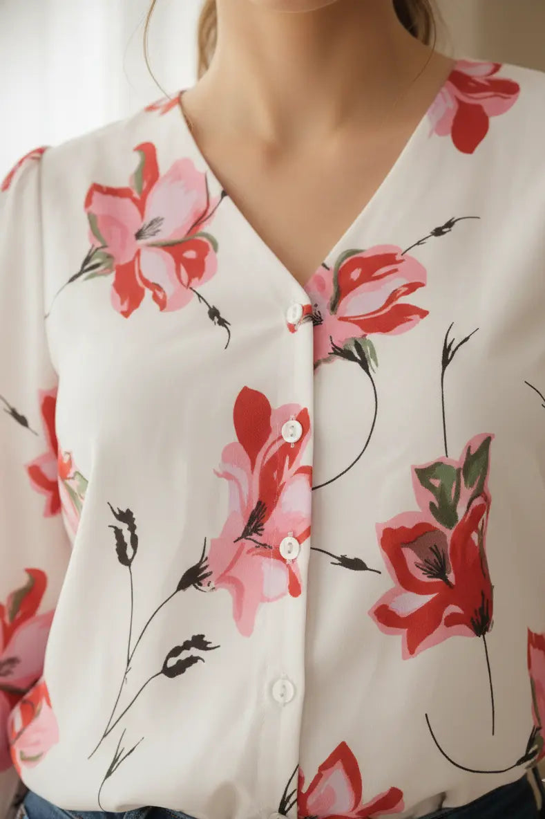 Women White Pink Floral Printed Casual Shirt