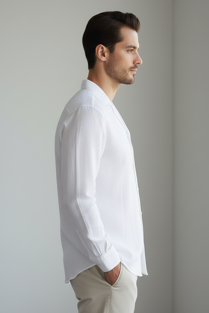 Men's White Linen Coat Collar Shirt