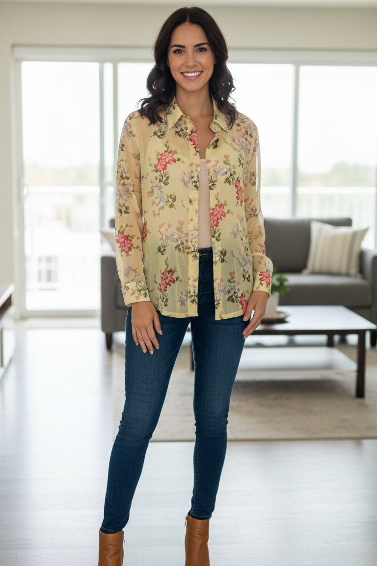 Women’s Yellow Georgette Korean Fit Floral Shirt