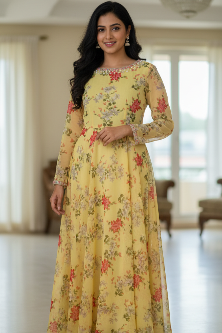Full Sleeves Yellow Floral Georgette Gown | Party & Haldi Wear