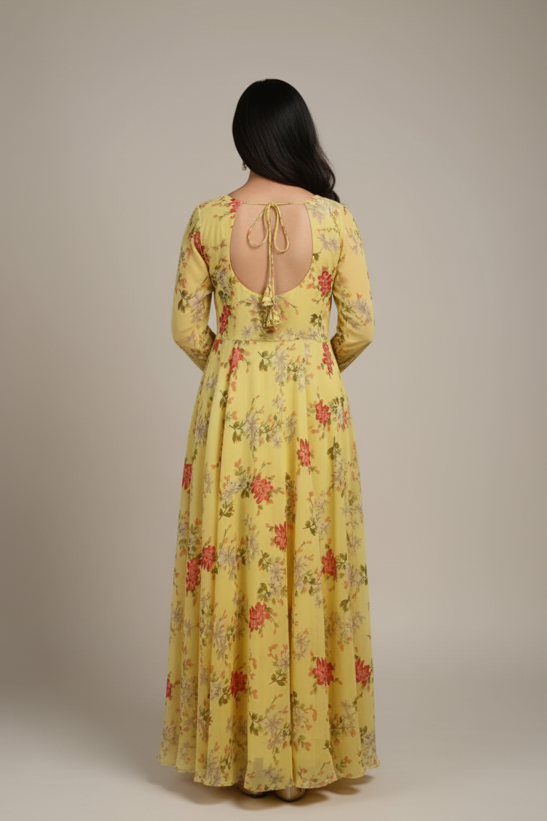 Full Sleeves Yellow Floral Georgette Gown | Party & Haldi Wear